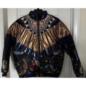 Farm Rio Women's XS Borogodo Reversible Metallic Puffer Jacket Blue Multicolor
